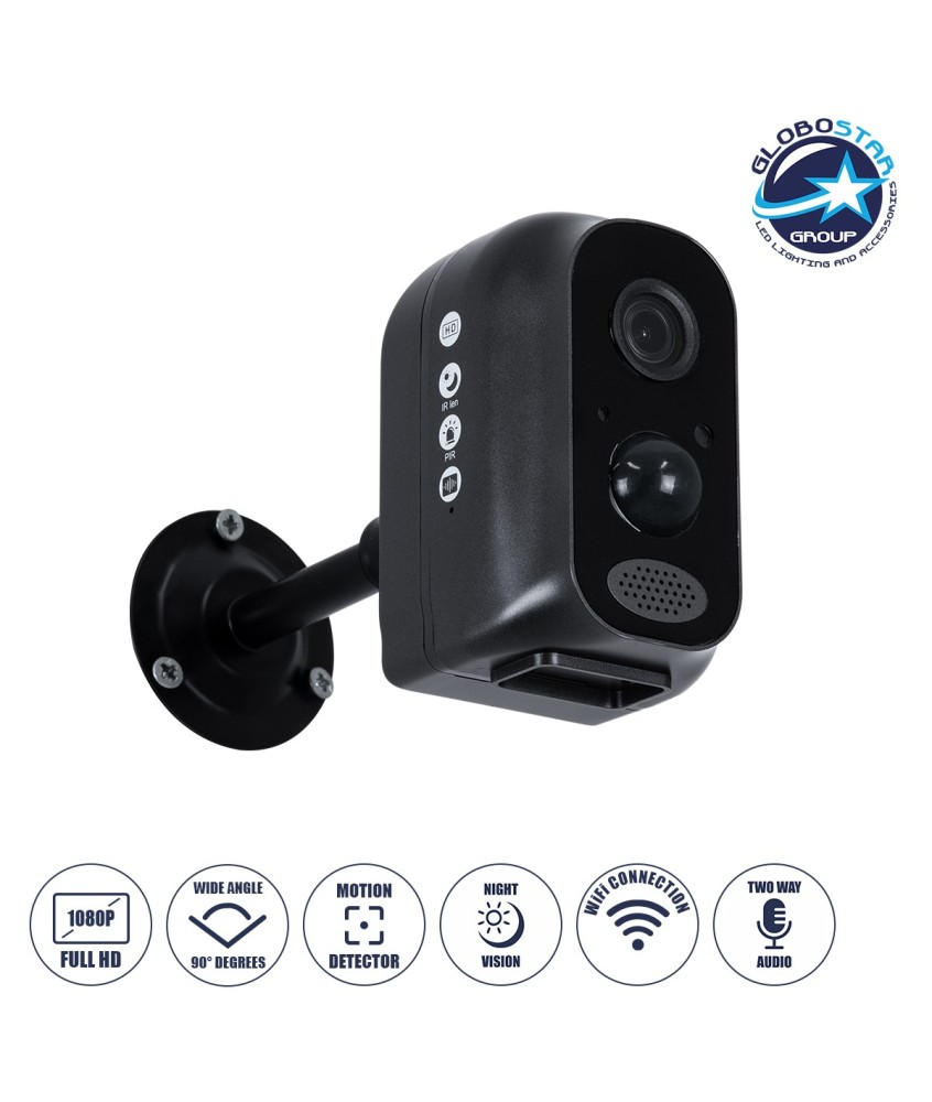 GloboStar® 86026 Επαναφορτιζόμενη Επιτραπέζια-Τοίχου IP Camera 1080P WiFi 90° Μοιρών - 6200mAh - Νυχτερινή Όραση με LED IR - Διπλή Κατέυθυνση Ομιλίας - Ανιχνευτή Κίνησης - Νυχτερινή Λήψη - Θέση SD Κάρτας Max 128GB - 25 Μέρες Stand By